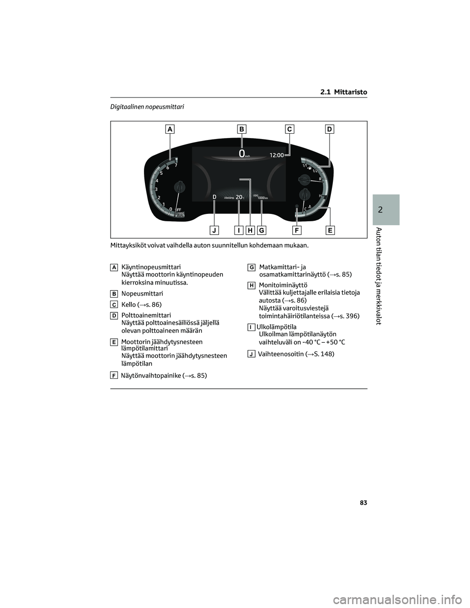 TOYOTA COROLLA 2022  Omistajan Käsikirja (in Finnish) Digitaalinen nopeusmittari
AKäyntinopeusmittari
Näyttää moottorin käyntinopeuden
kierroksina minuutissa.
BNopeusmittari
CKello (→s. 86)
DPolttoainemittari
Näyttää polttoainesäiliössä jäl