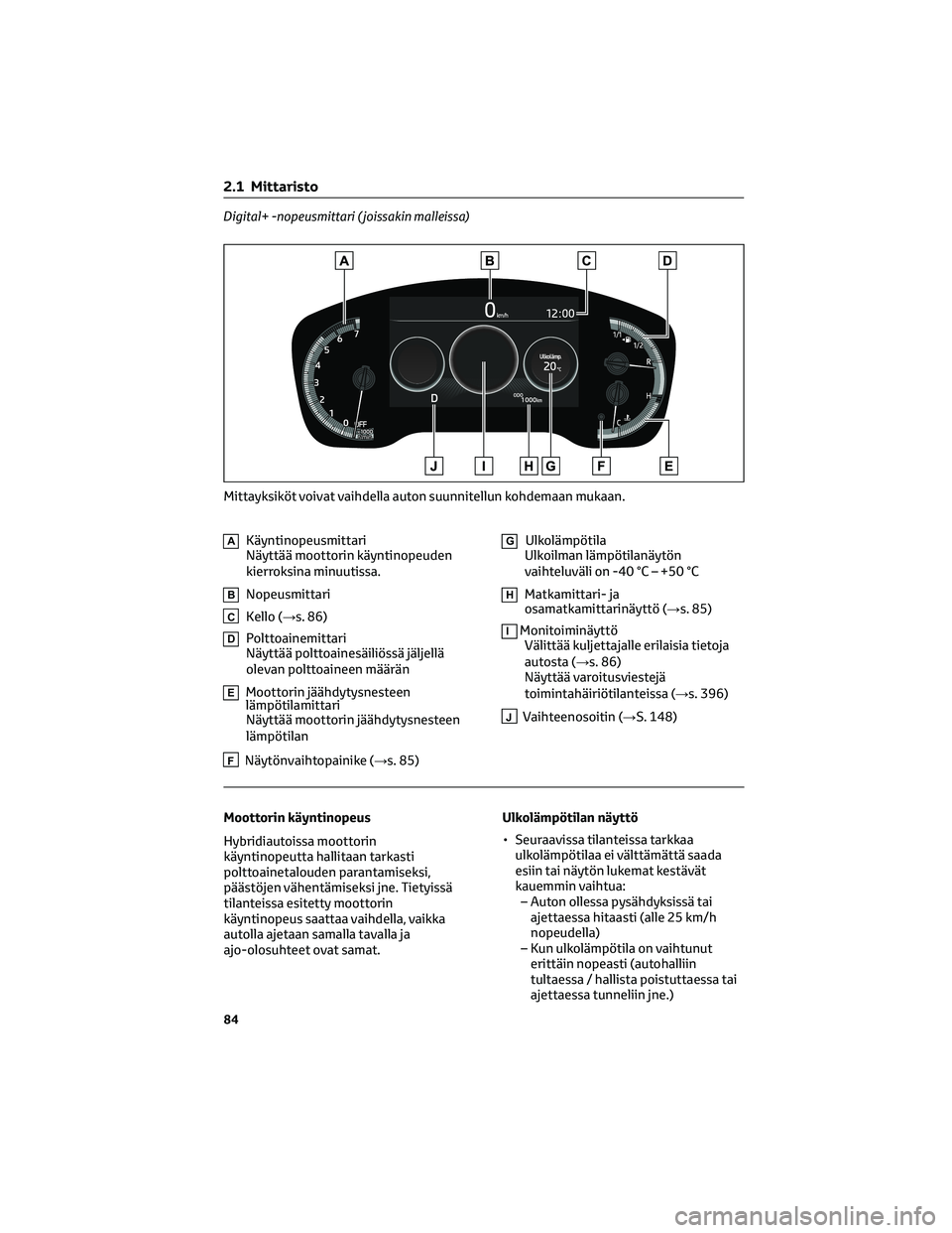 TOYOTA COROLLA 2022  Omistajan Käsikirja (in Finnish) Digital+ -nopeusmittari ( joissakin malleissa)
AKäyntinopeusmittari
Näyttää moottorin käyntinopeuden
kierroksina minuutissa.
BNopeusmittari
CKello (→s. 86)
DPolttoainemittari
Näyttää polttoa