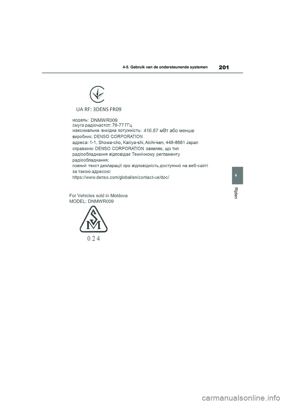 TOYOTA COROLLA 2022  Instructieboekje (in Dutch) 201
4
4-5. Gebruik van de ondersteunende systemen
Rijden
COROLLA-HYBRID(TMMT)_OM_Europe_OM12R51E_1_2201.book 
 Page 201  Monday, October 11, 2021  11:32 AM 