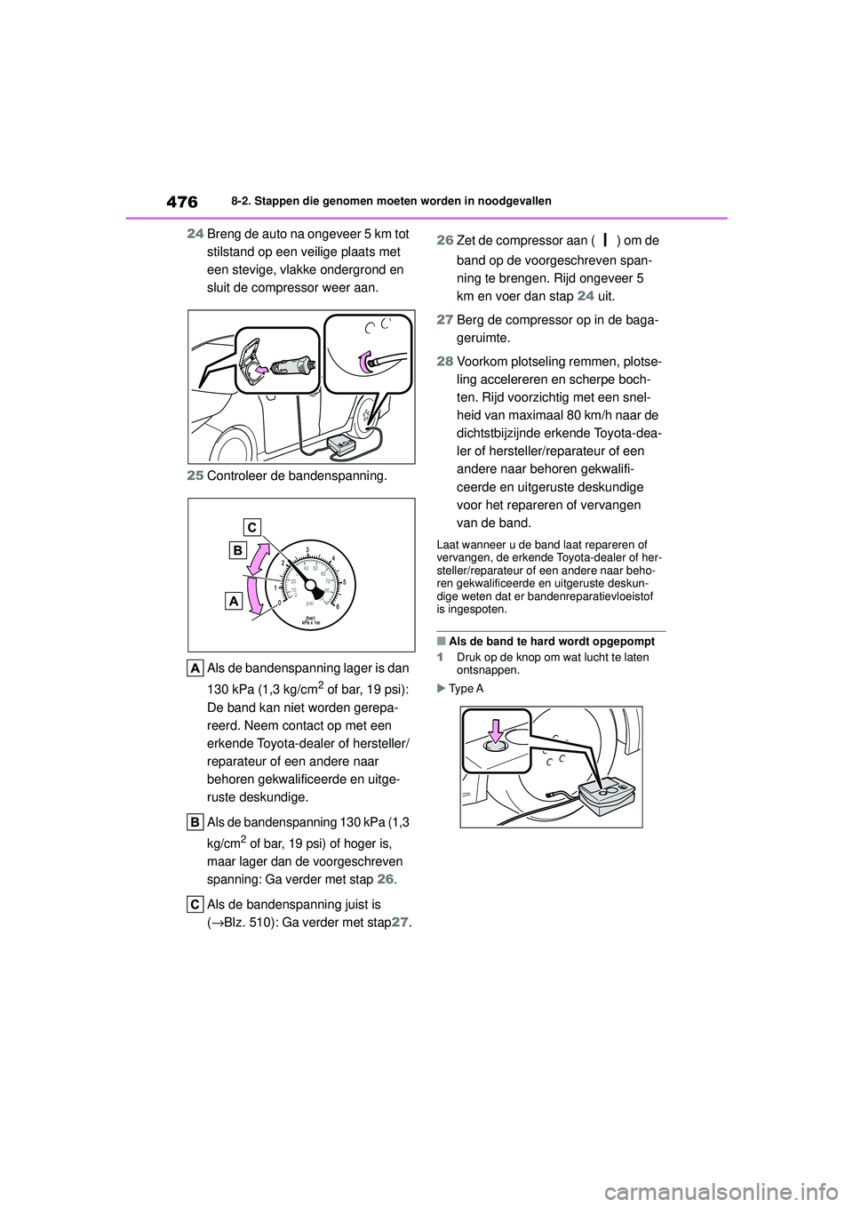 TOYOTA COROLLA 2022  Instructieboekje (in Dutch) 4768-2. Stappen die genomen moeten worden in noodgevallen
24Breng de auto na ongeveer 5 km tot 
stilstand op een veilige plaats met 
een stevige, vlakke ondergrond en 
sluit de compressor weer aan.
25