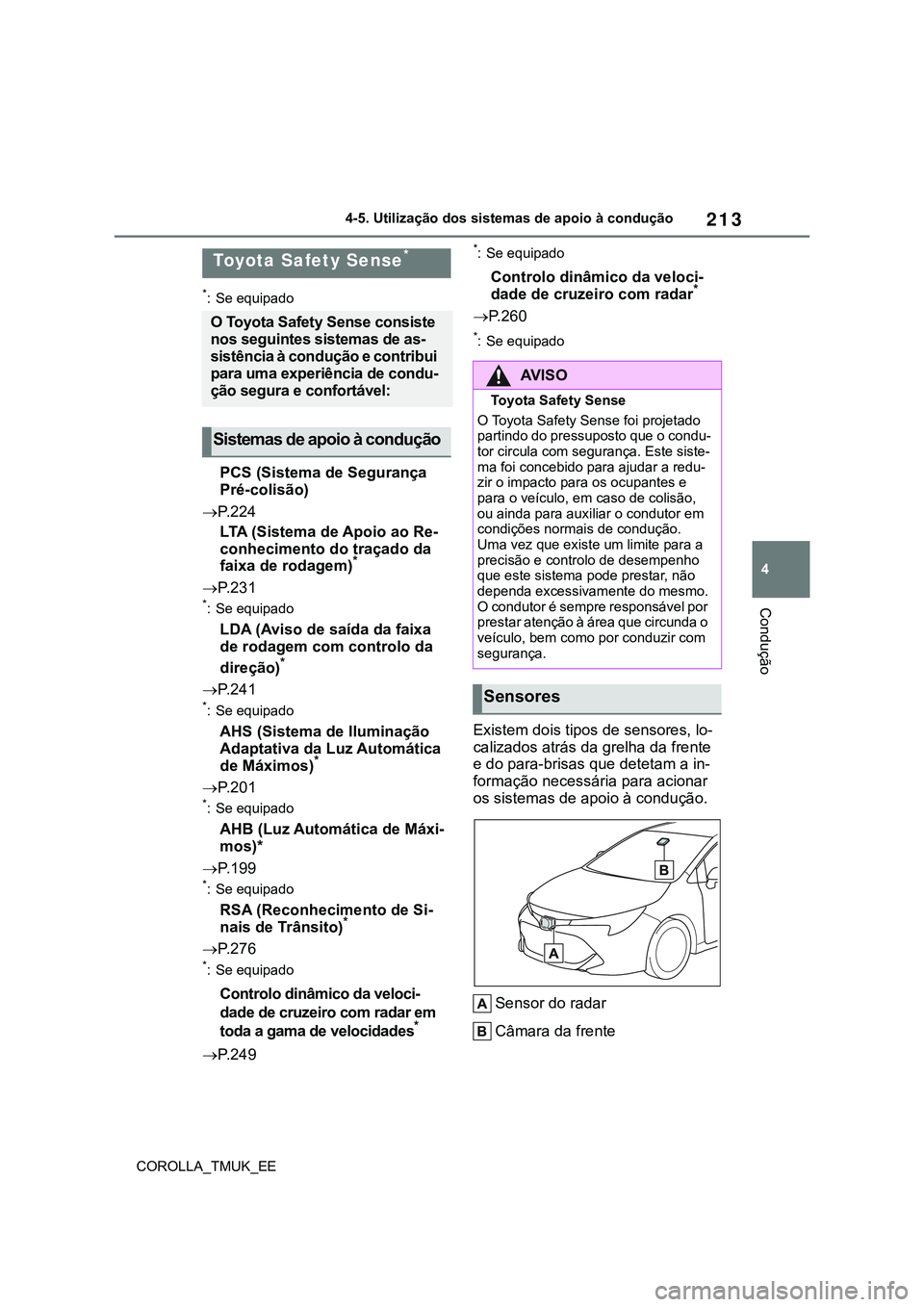 TOYOTA COROLLA HATCHBACK 2022  Manual de utilização (in Portuguese) 213
4
COROLLA_TMUK_EE4-5. Utilização dos sistemas de apoio à condução
Condução
4-5.Utilização dos sistemas de apoio à condução
*: Se equipado
PCS (Sistema de Segurança 
Pré-colisão) 
