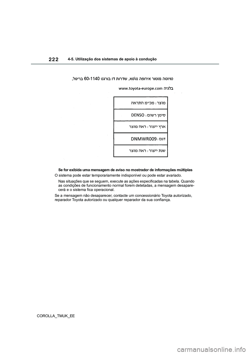 TOYOTA COROLLA HATCHBACK 2022  Manual de utilização (in Portuguese) 222
COROLLA_TMUK_EE4-5. Utilização dos sistemas de apoio à condução
Se for exibida uma mensagem de aviso no mostrador de informações múltiplas
O sistema pode estar temporariamente indisponíve