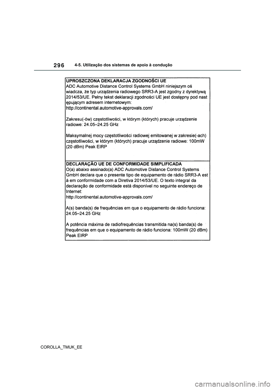 TOYOTA COROLLA HATCHBACK 2022  Manual de utilização (in Portuguese) 296
COROLLA_TMUK_EE4-5. Utilização dos sistemas de apoio à condução 