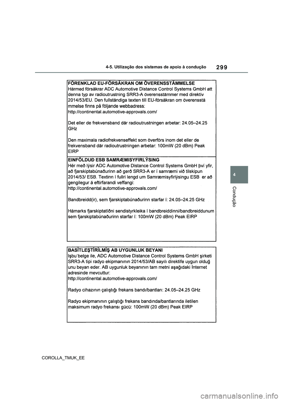 TOYOTA COROLLA HATCHBACK 2022  Manual de utilização (in Portuguese) 299
4
COROLLA_TMUK_EE4-5. Utilização dos sistemas de apoio à condução
Condução 