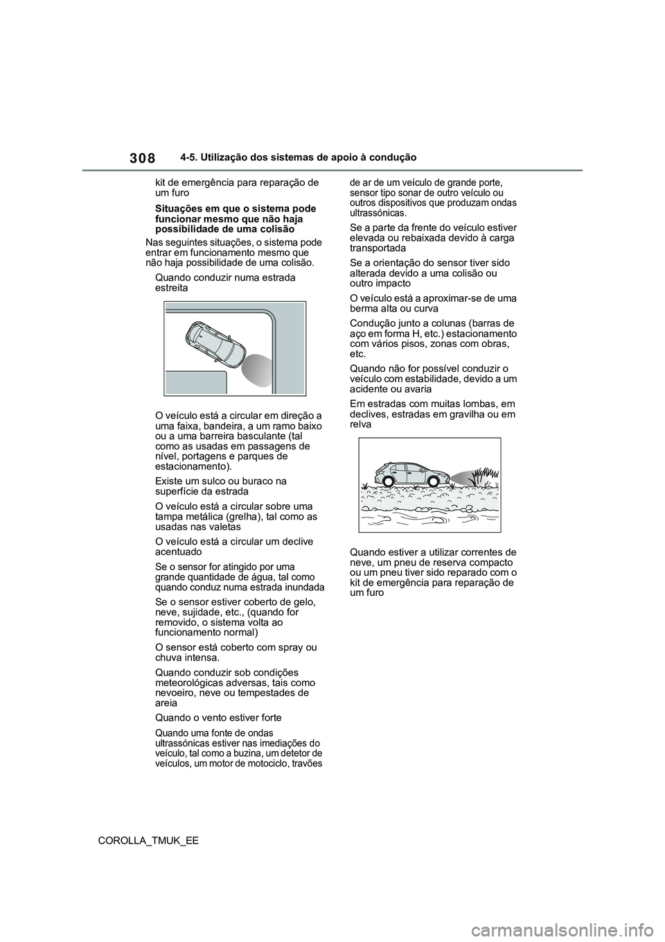 TOYOTA COROLLA HATCHBACK 2022  Manual de utilização (in Portuguese) 308
COROLLA_TMUK_EE4-5. Utilização dos sistemas de apoio à condução
kit de emergência para reparação de 
um furo
Situações em que o sistema pode 
funcionar mesmo que não haja 
possibilidade