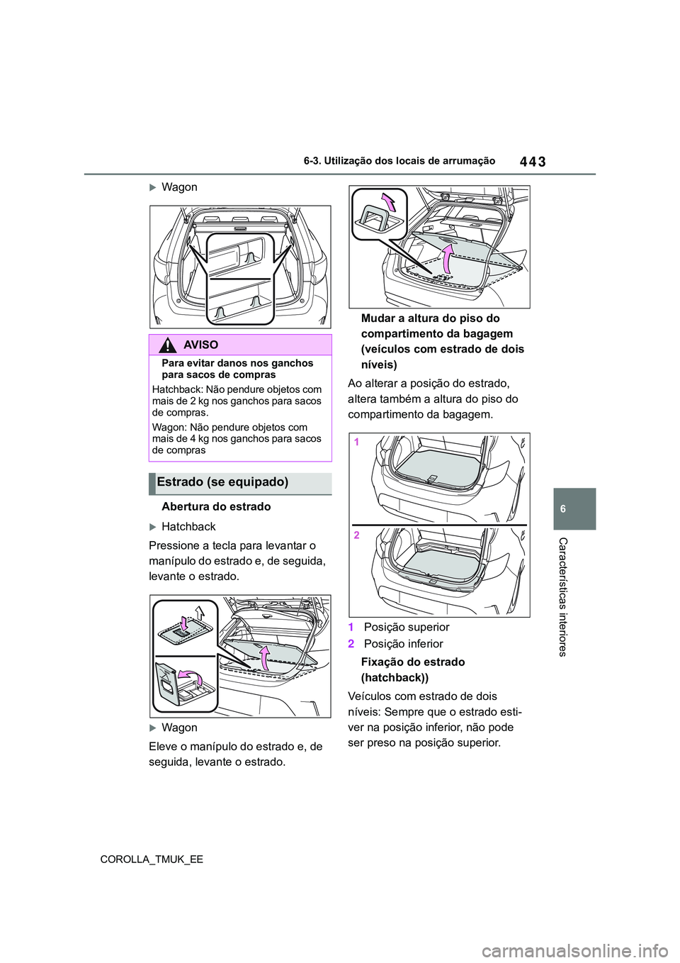 TOYOTA COROLLA HATCHBACK 2022  Manual de utilização (in Portuguese) 443
6
COROLLA_TMUK_EE6-3. Utilização dos locais de arrumação
Características interiores
Wagon
Abertura do estrado
Hatchback
Pressione a tecla para levantar o 
manípulo do estrado e, de seg