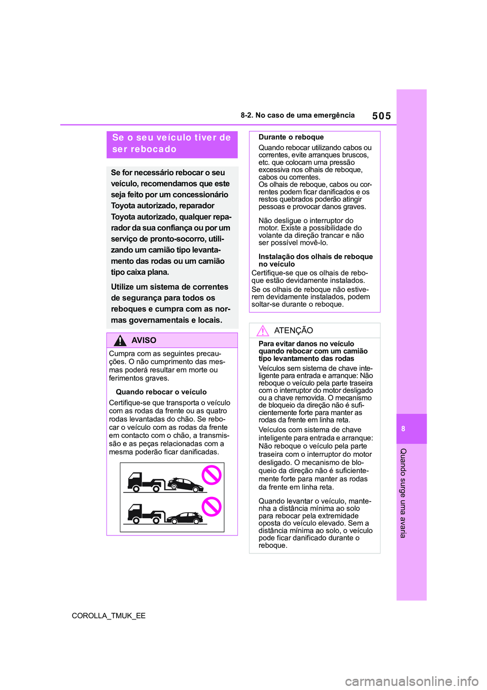 TOYOTA COROLLA HATCHBACK 2022  Manual de utilização (in Portuguese) 505
8
COROLLA_TMUK_EE8-2. No caso de uma emergência
Quando surge uma avaria
8-2.No caso de uma emergência
Se o seu veículo tiver de 
ser rebocado
Se for necessário rebocar o seu 
veículo, recomen