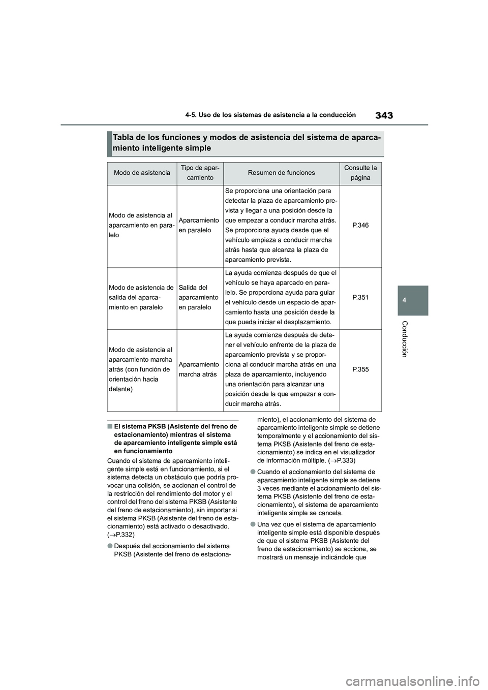 TOYOTA COROLLA HATCHBACK 2022  Manuale de Empleo (in Spanish) 343
4 
4-5. Uso de los sistemas de asistencia a la conducción
Conducción
■El sistema PKSB (Asistente del freno de  
estacionamiento) mientras el sistema 
de aparcamiento inteligente simple está  