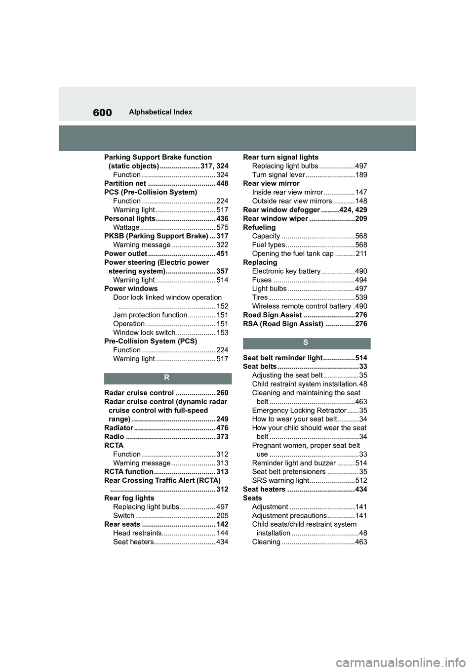 TOYOTA COROLLA HATCHBACK 2022  Owners Manual (in English) 600Alphabetical Index 
Parking Support Brake function  
(static objects) .................... 317, 324 
Function ..................................... 324 
Partition net ..............................