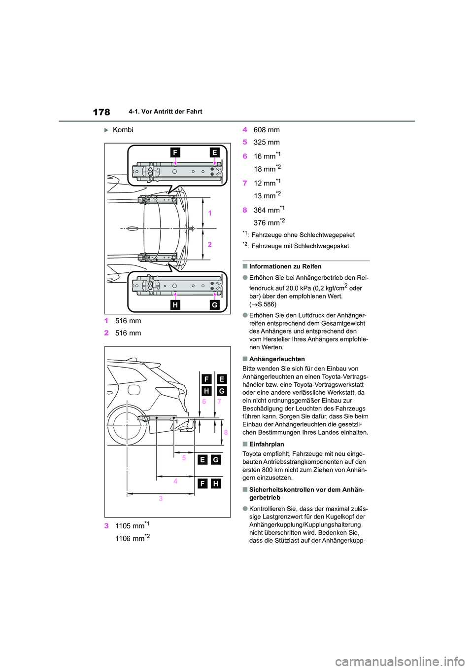TOYOTA COROLLA HATCHBACK 2022  Betriebsanleitungen (in German) 1784-1. Vor Antritt der Fahrt
Kombi 
1 516 mm 
2 516 mm 
3 1105 mm*1
1106 mm*2
4608 mm 
5 325 mm 
6 16 mm*1
18 mm*2
712 mm*1
13 mm*2
8364 mm*1
376 mm*2
*1: Fahrzeuge ohne Schlechtwegepaket
*2: Fahr