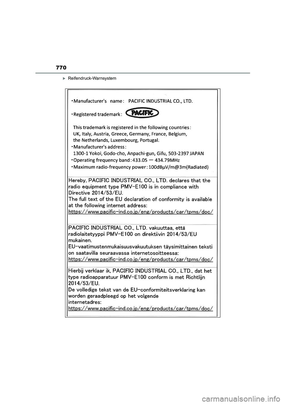 TOYOTA COROLLA HATCHBACK 2022  Betriebsanleitungen (in German) 770
Reifendruck-Warnsystem 