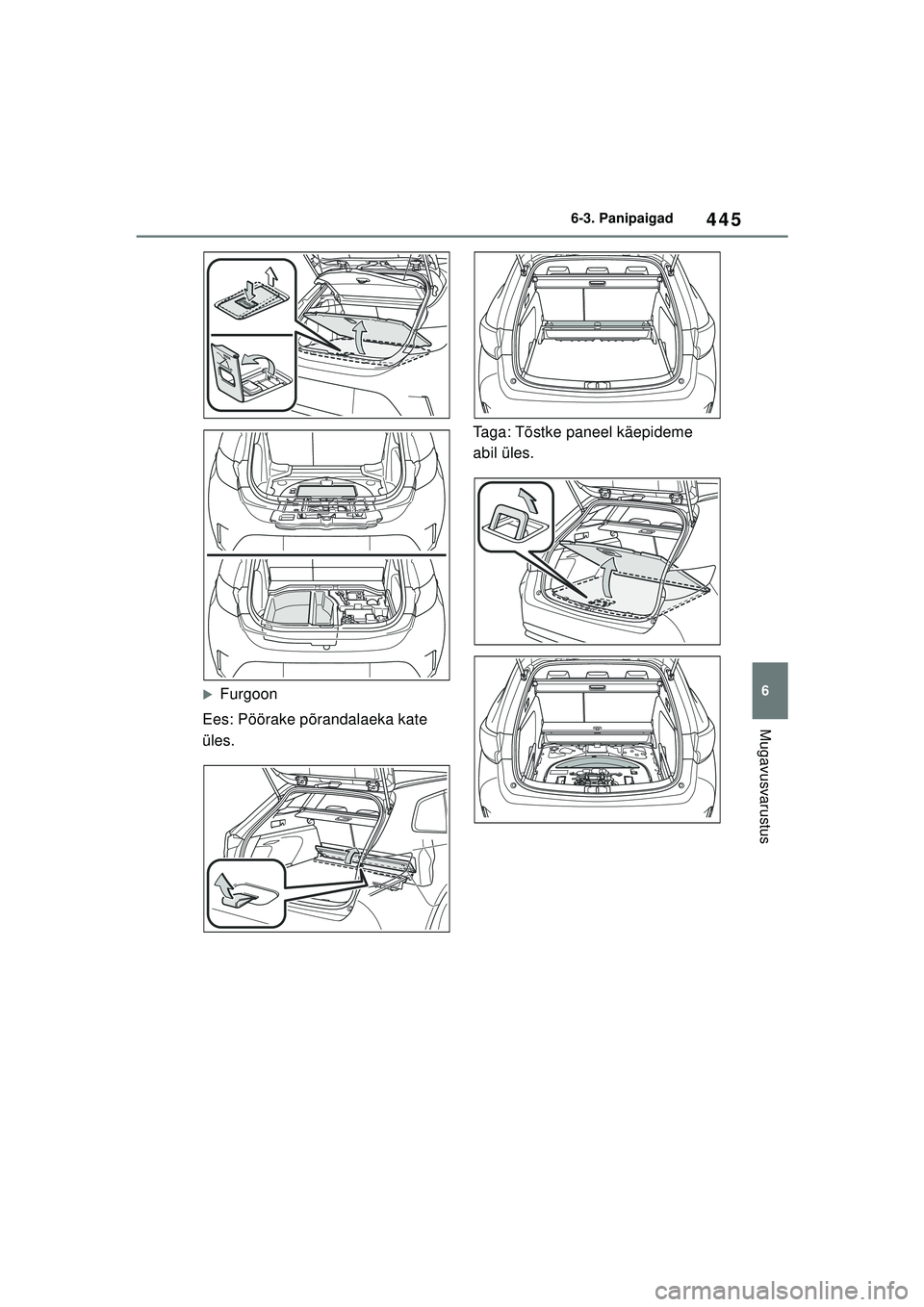 TOYOTA COROLLA HATCHBACK 2022  Kasutusjuhend (in Estonian) 445
6
6-3. Panipaigad
Mugavusvarustus
�XFurgoon
Ees: Pöörake põrandalaeka kate 
üles. Taga: Tõstke paneel käepideme 
abil üles.
COROLLA (TMUK)_OM_Europe_OM12Q83EE_1_2201.book  Page 445  Friday,