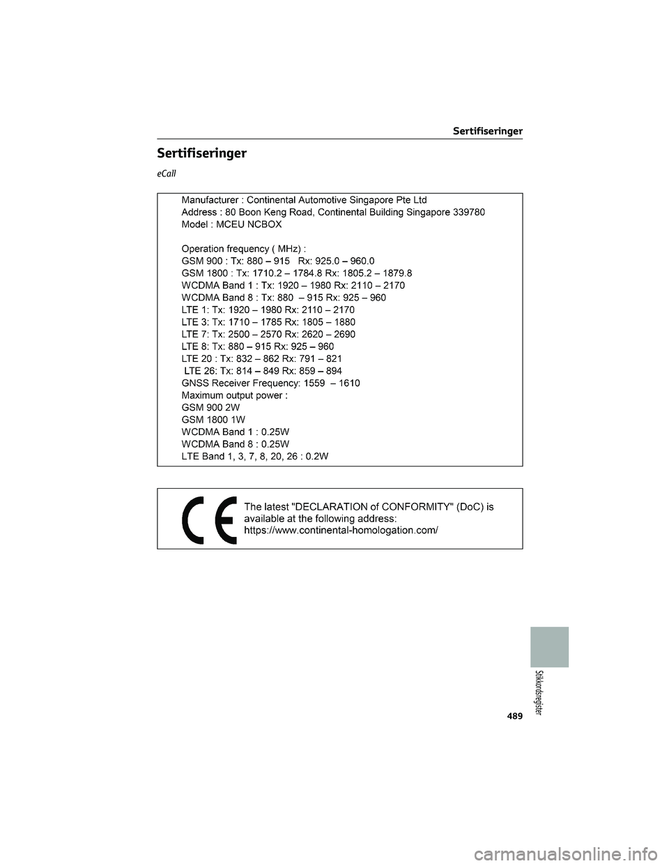 TOYOTA COROLLA HATCHBACK 2022  Instruksjoner for bruk (in Norwegian) Sertifiseringer
eCall
Sertifiseringer
489
Stikkordsregister 