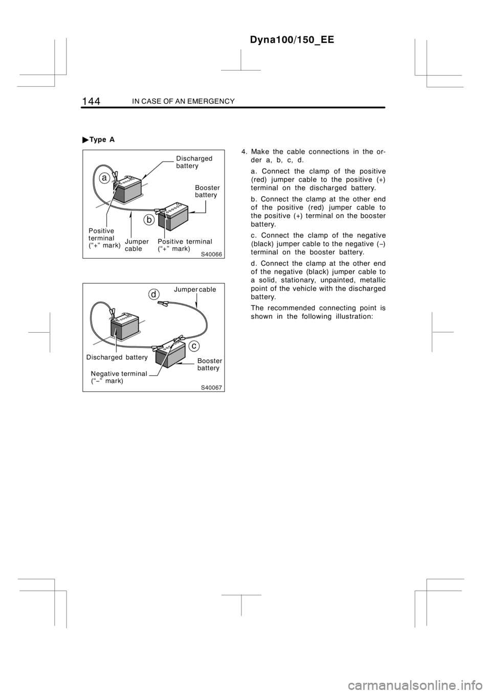 TOYOTA DYNA 100/150 2014  Owners Manual (in English) 144IN CASE OF AN EMERGENCY
Discharged
battery
Booster
battery
Positive
terminal
(“+” mark)Jumper
cablePositive terminal
(“+” mark)
Discharged batteryJumper cable
Booster
battery
Negative termi