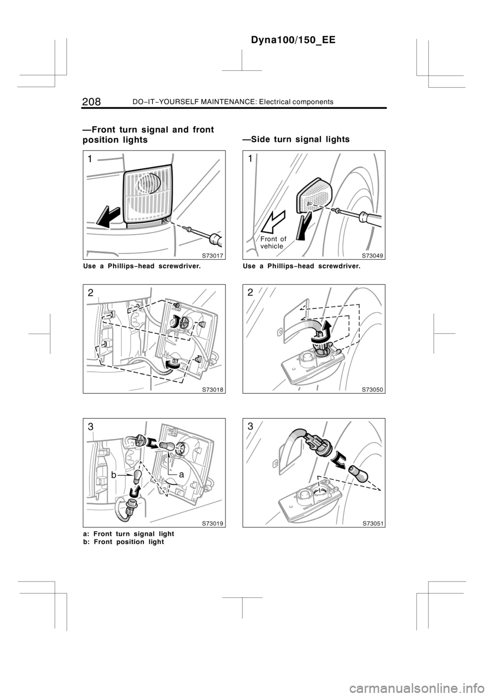 TOYOTA DYNA 100/150 2014  Owners Manual (in English) 208DO−IT−YOURSELF MAINTENANCE: Electrical components
Use a Phillips−head screwdriver.
a: Front turn signal light
b: Front position light
Front of
vehicle
Use a Phillips−head screwdriver.
Dyna1
