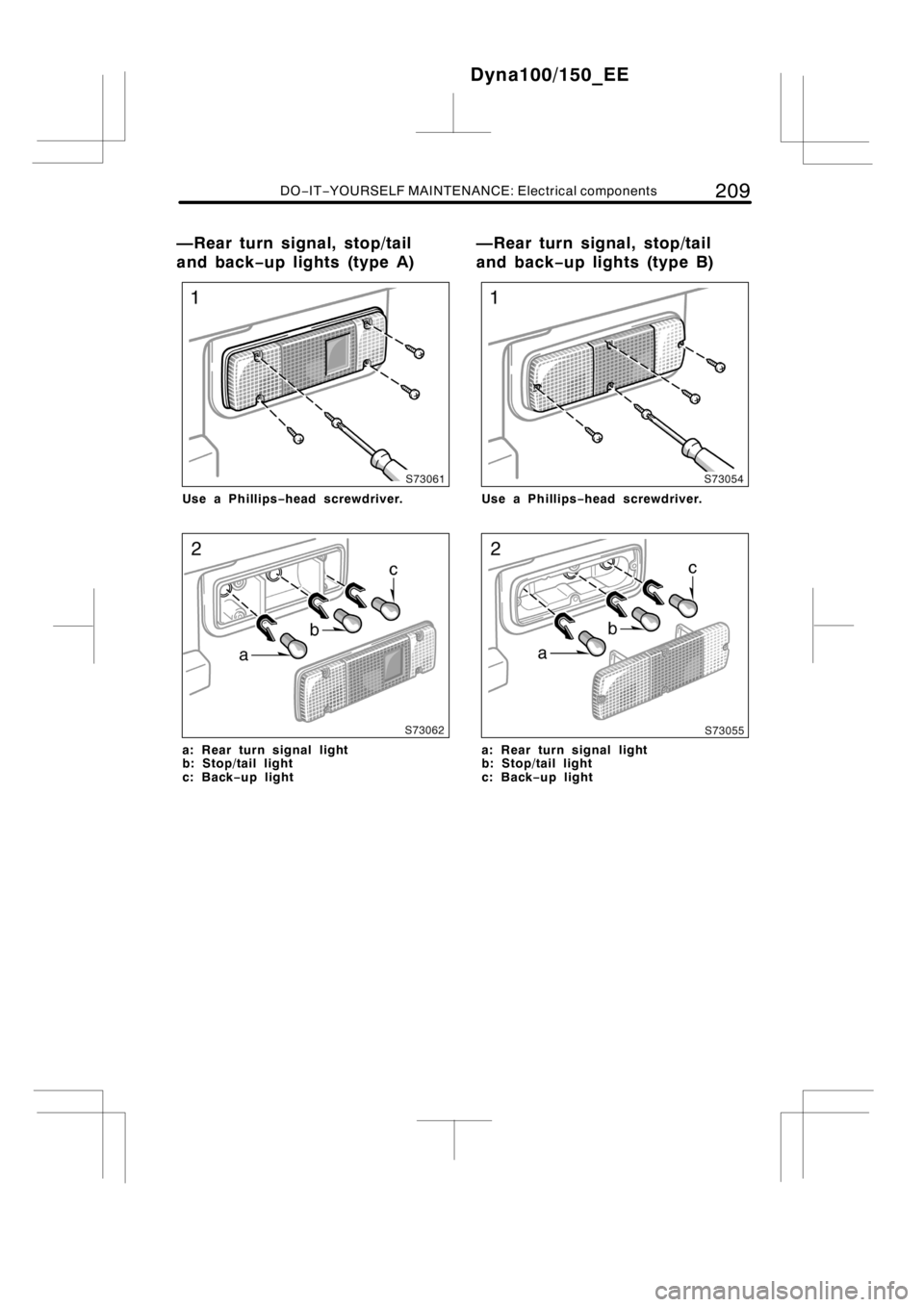TOYOTA DYNA 100/150 2014  Owners Manual (in English) DO−IT−YOURSELF MAINTENANCE: Electrical components209
Use a Phillips−head screwdriver.
a: Rear turn signal light
b: Stop/tail light
c: Back−up light
Use a Phillips−head screwdriver.
a: Rear t