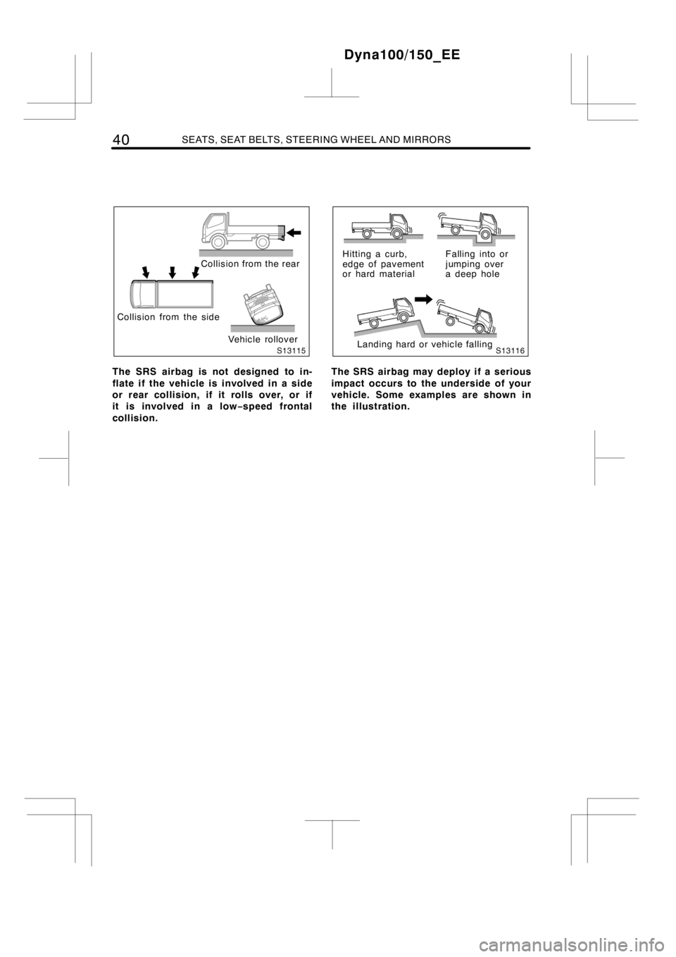 TOYOTA DYNA 100/150 2014  Owners Manual (in English) 40SEATS, SEAT BELTS, STEERING WHEEL AND MIRRORS
Collision from the rear
Collision from the side
Vehicle rollover
The SRS airbag is not designed to in-
flate if the vehicle is involved in a side
or rea