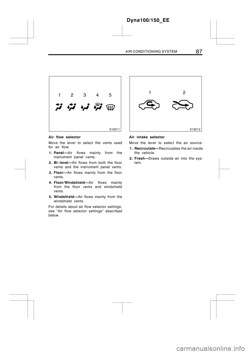 TOYOTA DYNA 100/150 2014  Owners Manual (in English) AIR CONDITIONING SYSTEM87
Air flow selector
Move the lever to select the vents used
for air flow.
1. Panel—Air flows mainly from the
instrument panel vents.
2. Bi−level—Air flows from both the f