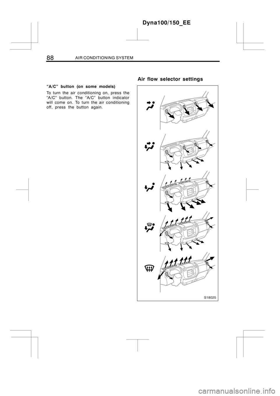 TOYOTA DYNA 100/150 2014  Owners Manual (in English) 88AIR CONDITIONING SYSTEM
“A/C” button (on some models)
To turn the air conditioning on, press the
“A/C” button. The “A/C” button indicator
will come on. To turn the air conditioning
off, 