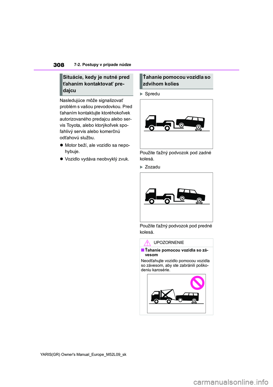 TOYOTA GR YARIS 2020  Návod na použitie (in Slovakian) 308
YARIS(GR) Owner's Manual_Europe_M52L09_sk
7-2. Postupy v prípade núdze
Nasledujúce môže signalizovať  
problém s vašou prevodovkou. Pred 
ťahaním kontaktujte ktoréhokoľvek 
autoriz