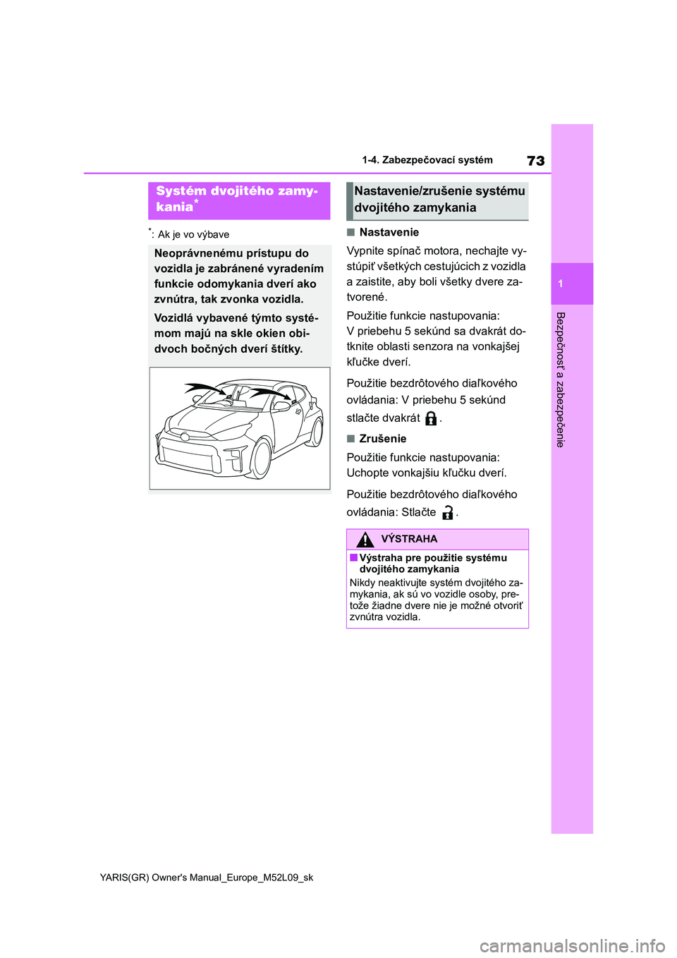 TOYOTA GR YARIS 2020 Návod na použitie (in Slovakian) 73
1
YARIS(GR) Owner's Manual_Europe_M52L09_sk
1-4. Zabezpečovací systém
Bezpečnosť a zabezpečenie
*: Ak je vo výbave■Nastavenie
Vypnite spínač moto ra, nechajte vy-
stúpiť všetký TOYOTA GR YARIS 2020 Návod na použitie (in Slovakian) 73
1
YARIS(GR) Owner's Manual_Europe_M52L09_sk
1-4. Zabezpečovací systém
Bezpečnosť a zabezpečenie
*: Ak je vo výbave■Nastavenie
Vypnite spínač moto ra, nechajte vy-
stúpiť všetký