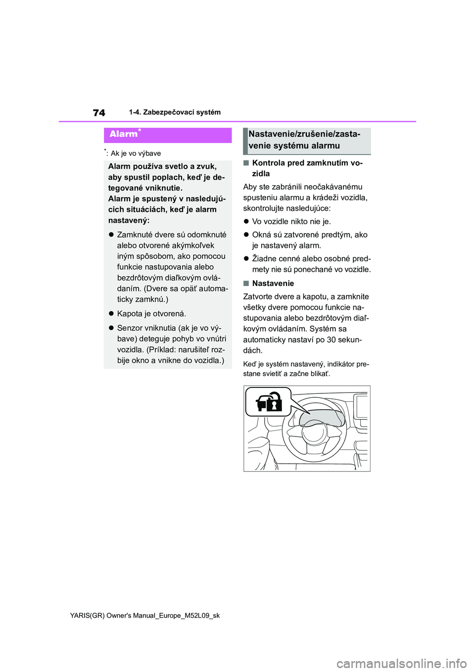 TOYOTA GR YARIS 2020 Návod na použitie (in Slovakian) 74
YARIS(GR) Owner's Manual_Europe_M52L09_sk
1-4. Zabezpečovací systém
*: Ak je vo výbave
■Kontrola pred zamknutím vo-
zidla
Aby ste zabránili neočakávanému
spusteniu alarmu a krá TOYOTA GR YARIS 2020 Návod na použitie (in Slovakian) 74
YARIS(GR) Owner's Manual_Europe_M52L09_sk
1-4. Zabezpečovací systém
*: Ak je vo výbave
■Kontrola pred zamknutím vo-
zidla
Aby ste zabránili neočakávanému
spusteniu alarmu a krá