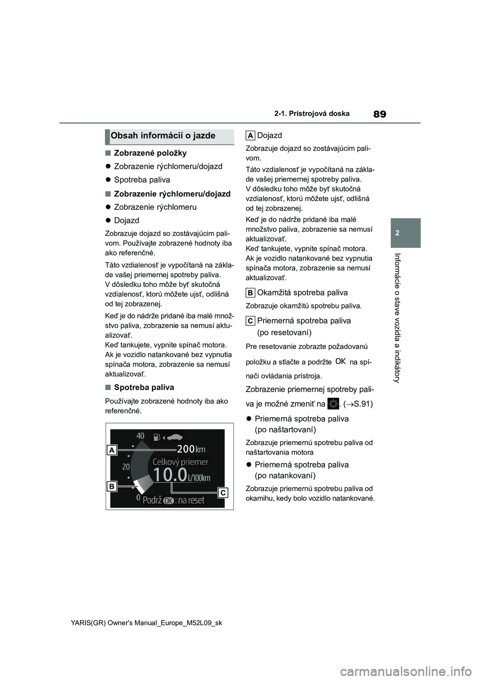 TOYOTA GR YARIS 2020  Návod na použitie (in Slovakian) 89
2
YARIS(GR) Owner's Manual_Europe_M52L09_sk
2-1. Prístrojová doska
Informácie o stave vozidla a indikátory
■Zobrazené položky 
 Zobrazenie rýchlomeru/dojazd 
 Spotreba paliva
■