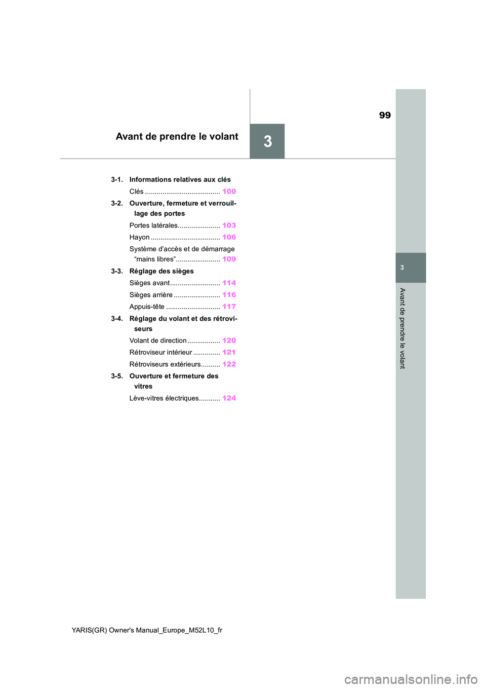 TOYOTA GR YARIS 2020  Notices Demploi (in French) 3
99
YARIS(GR) Owners Manual_Europe_M52L10_fr
3
Avant de prendre le volant
Avant de prendre le volant
3-1. Informations relatives aux clés 
Clés ....................................... 100 
3-2. Ou