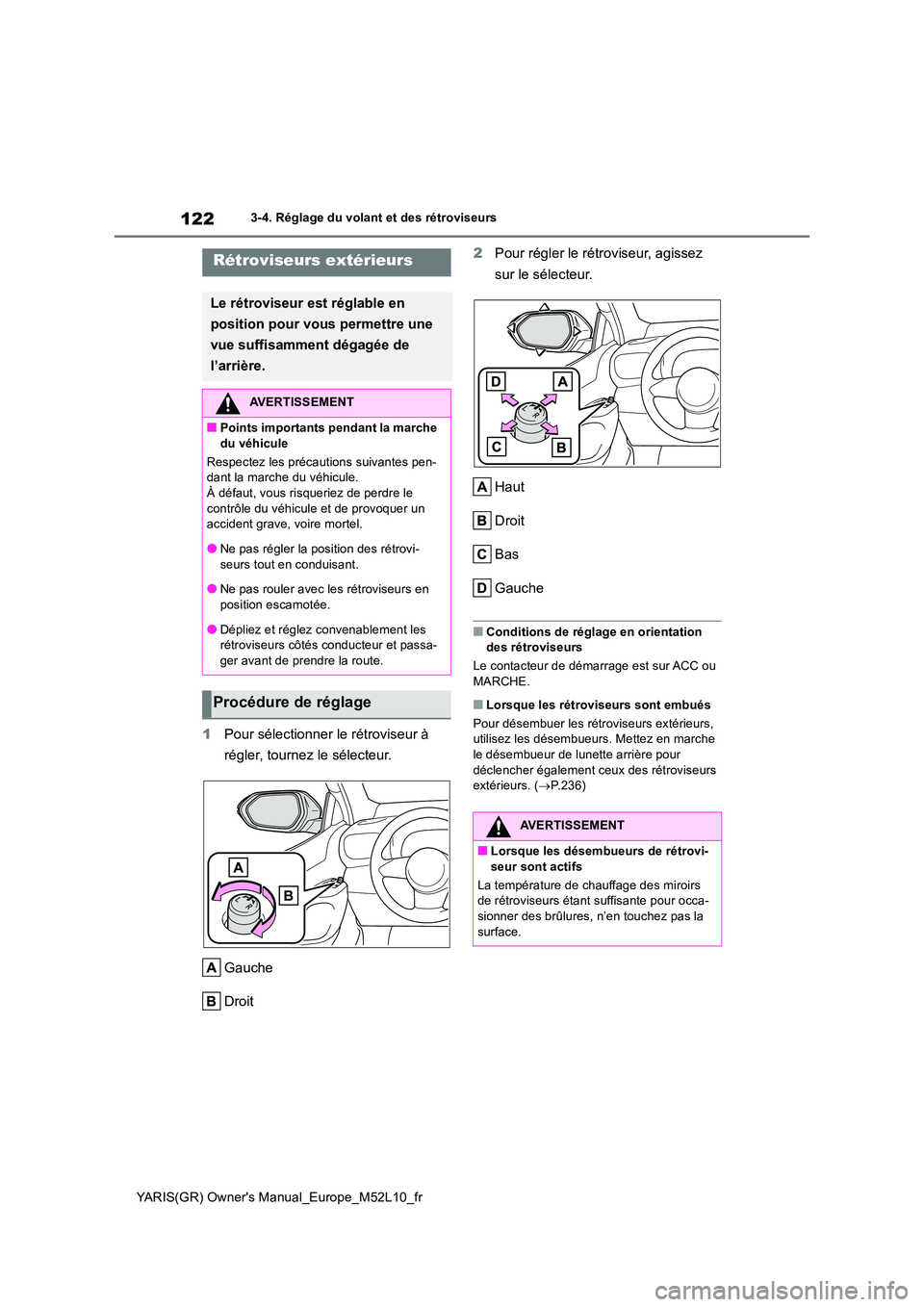 TOYOTA GR YARIS 2020  Notices Demploi (in French) 122
YARIS(GR) Owners Manual_Europe_M52L10_fr
3-4. Réglage du volant et des rétroviseurs
1Pour sélectionner le rétroviseur à  
régler, tournez le sélecteur. 
Gauche 
Droit 
2 Pour régler le r