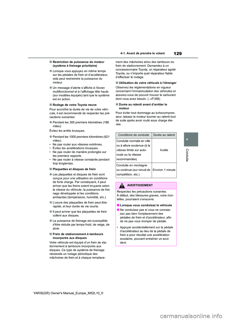 TOYOTA GR YARIS 2020  Notices Demploi (in French) 129
4
YARIS(GR) Owners Manual_Europe_M52L10_fr
4-1. Avant de prendre le volant
Conduite
■Restriction de puissance du moteur  (système à freinage prioritaire)
●Lorsque vous appuyez en même temp