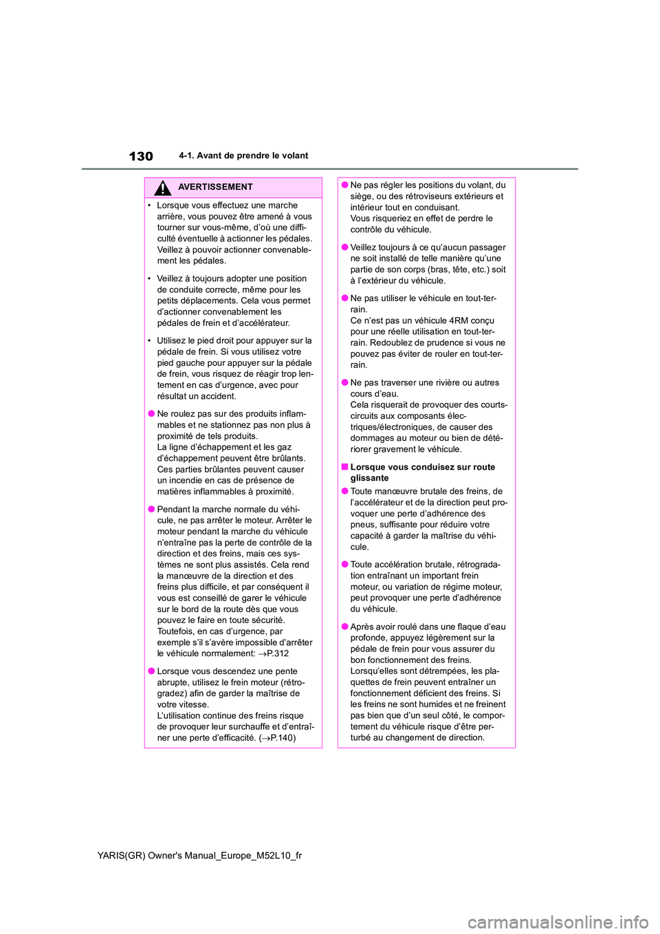 TOYOTA GR YARIS 2020  Notices Demploi (in French) 130
YARIS(GR) Owners Manual_Europe_M52L10_fr
4-1. Avant de prendre le volant
AVERTISSEMENT
• Lorsque vous effectuez une marche  
arrière, vous pouvez  être amené à vous  tourner sur vous-même,