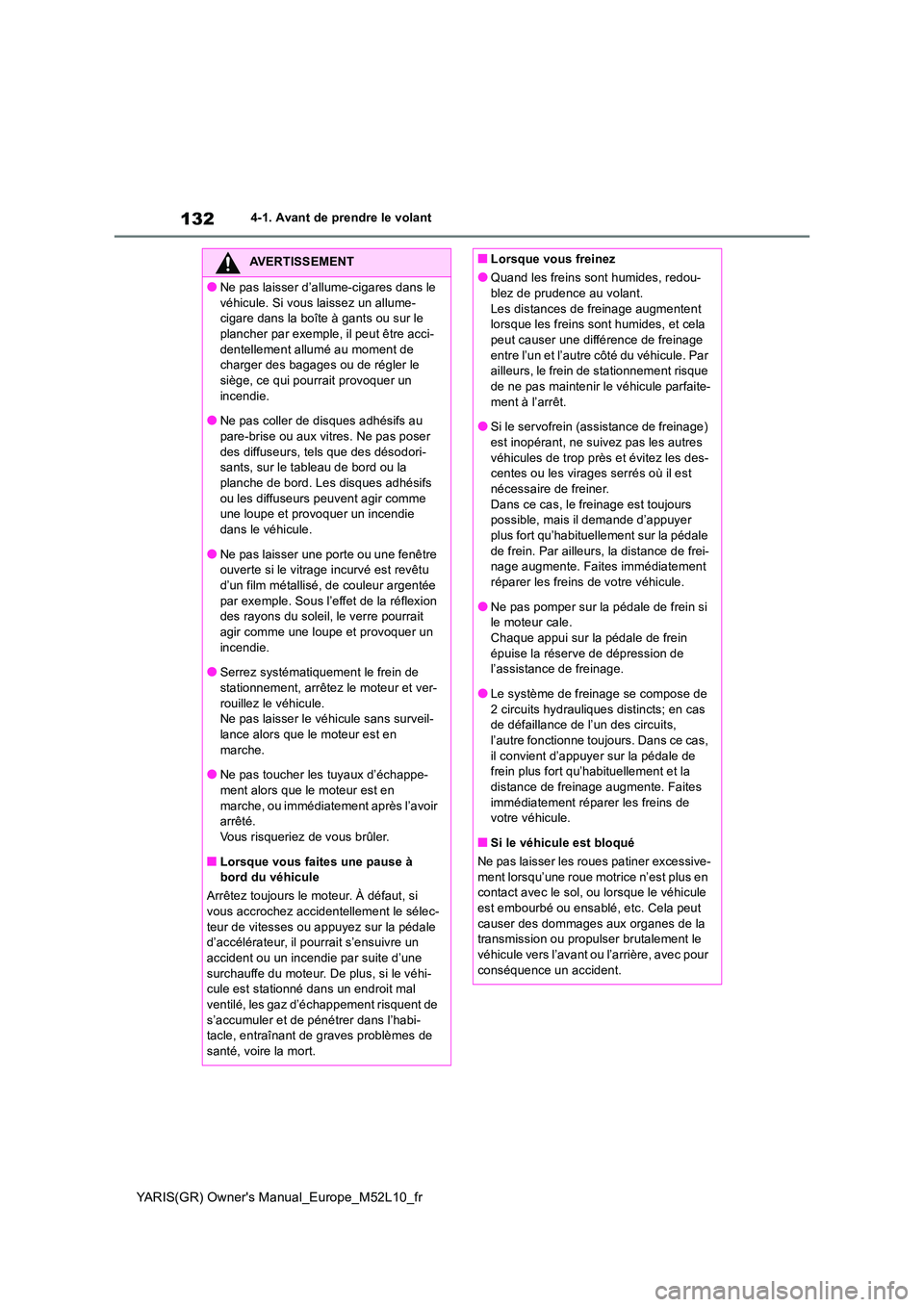 TOYOTA GR YARIS 2020  Notices Demploi (in French) 132
YARIS(GR) Owners Manual_Europe_M52L10_fr
4-1. Avant de prendre le volant
AVERTISSEMENT
●Ne pas laisser d’allume-cigares dans le  
véhicule. Si vous laissez un allume- cigare dans la boîte 