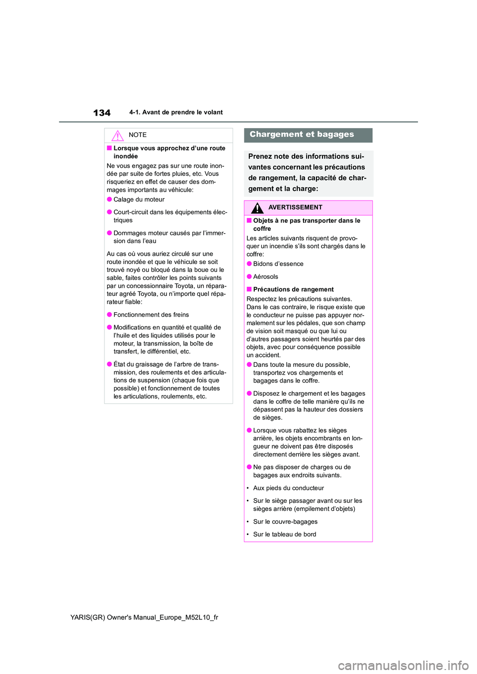 TOYOTA GR YARIS 2020  Notices Demploi (in French) 134
YARIS(GR) Owners Manual_Europe_M52L10_fr
4-1. Avant de prendre le volant
NOTE
■Lorsque vous approchez d’une route  
inondée 
Ne vous engagez pas sur une route inon- dée par suite de fortes 