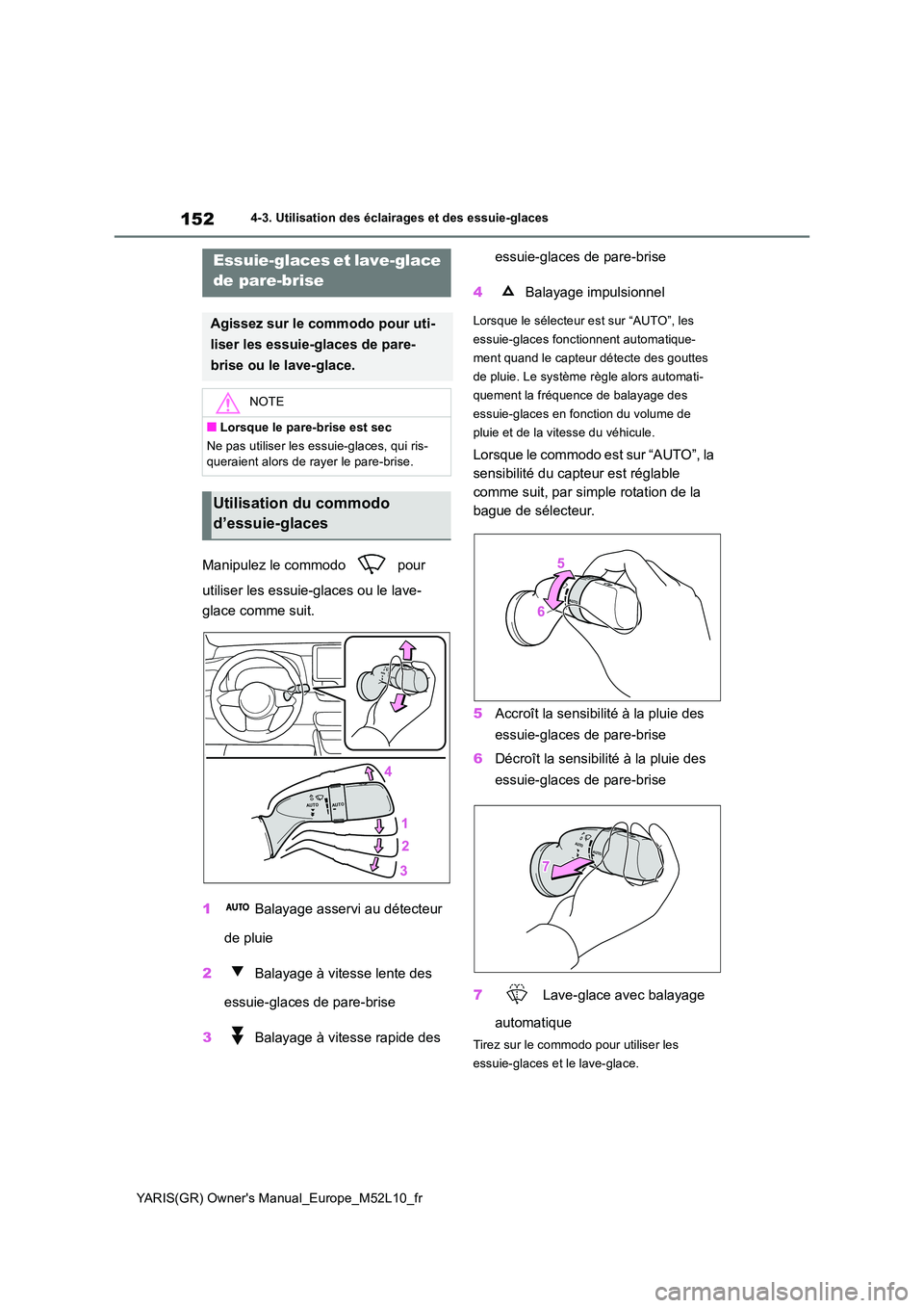 TOYOTA GR YARIS 2020  Notices Demploi (in French) 152
YARIS(GR) Owners Manual_Europe_M52L10_fr
4-3. Utilisation des éclairages et des essuie-glaces
Manipulez le commodo   pour  
utiliser les essuie-glaces ou le lave- 
glace comme suit. 
1  Balayage