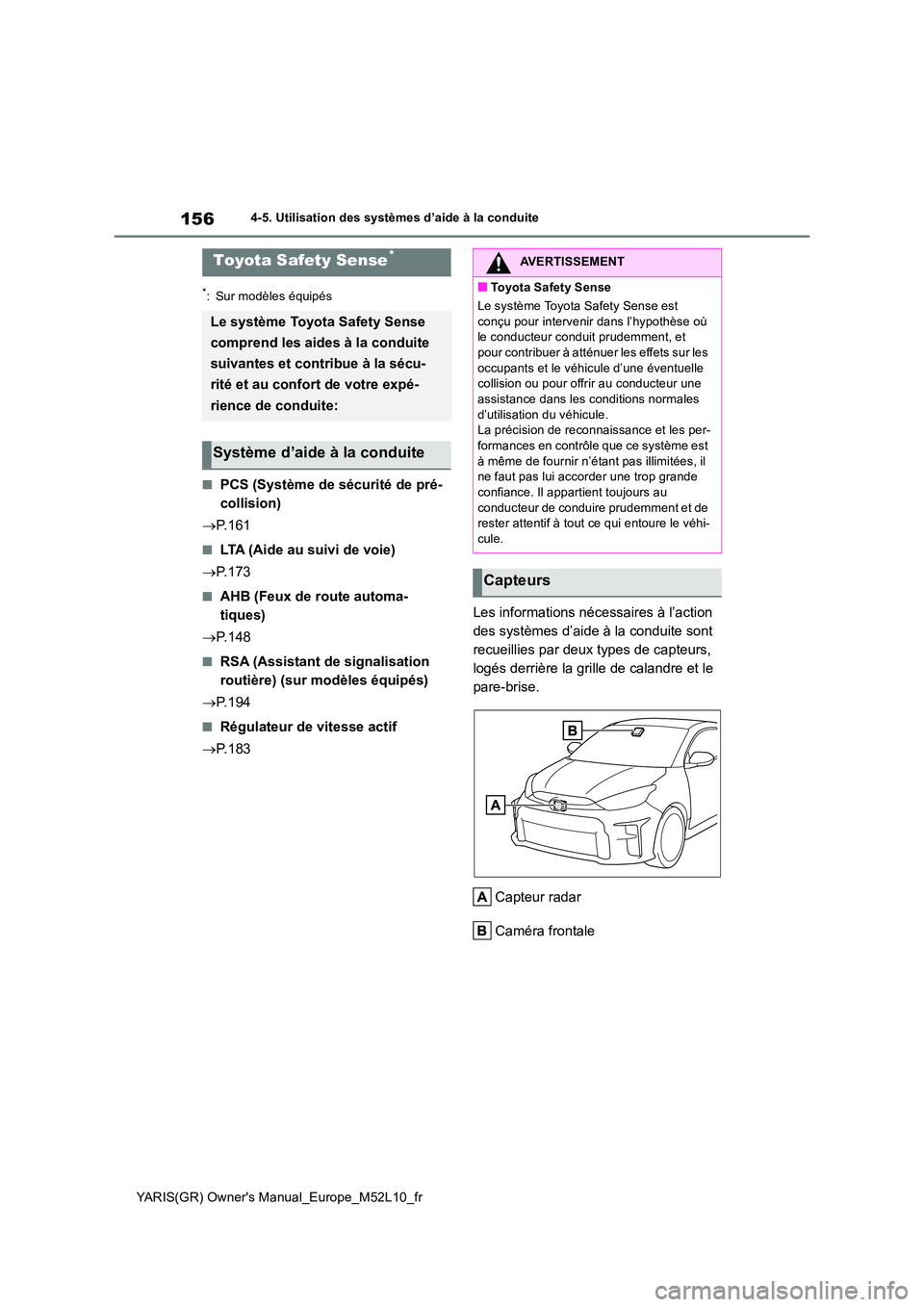 TOYOTA GR YARIS 2020  Notices Demploi (in French) 156
YARIS(GR) Owners Manual_Europe_M52L10_fr
4-5. Utilisation des systèmes d’aide à la conduite
4-5.Utilis ation des  s ystèmes d’aide à la con duite
*: Sur modèles équipés
■PCS (Systèm