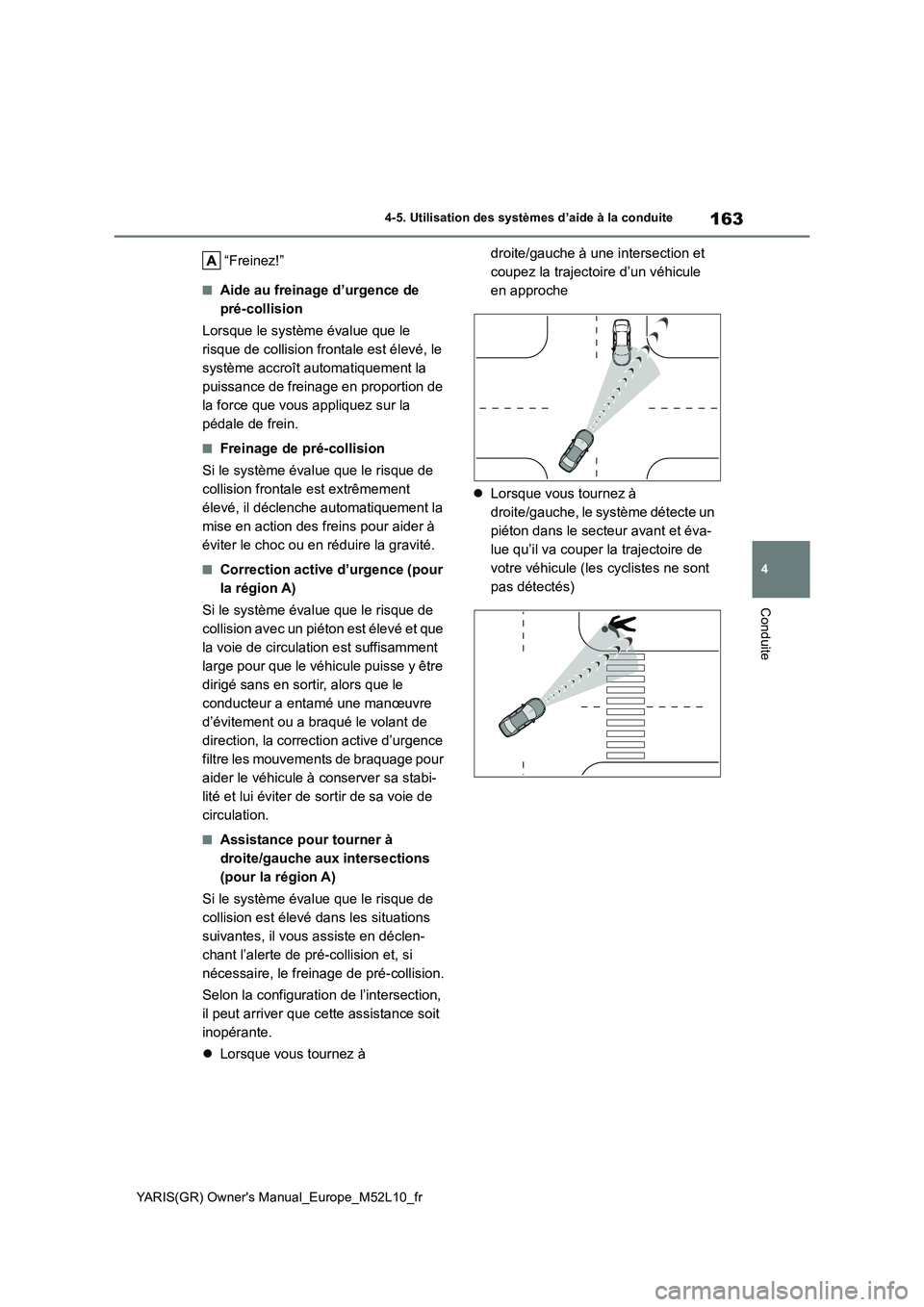TOYOTA GR YARIS 2020  Notices Demploi (in French) 163
4
YARIS(GR) Owners Manual_Europe_M52L10_fr
4-5. Utilisation des systèmes d’aide à la conduite
Conduite
“Freinez!”
■Aide au freinage d’urgence de  
pré-collision 
Lorsque le système 