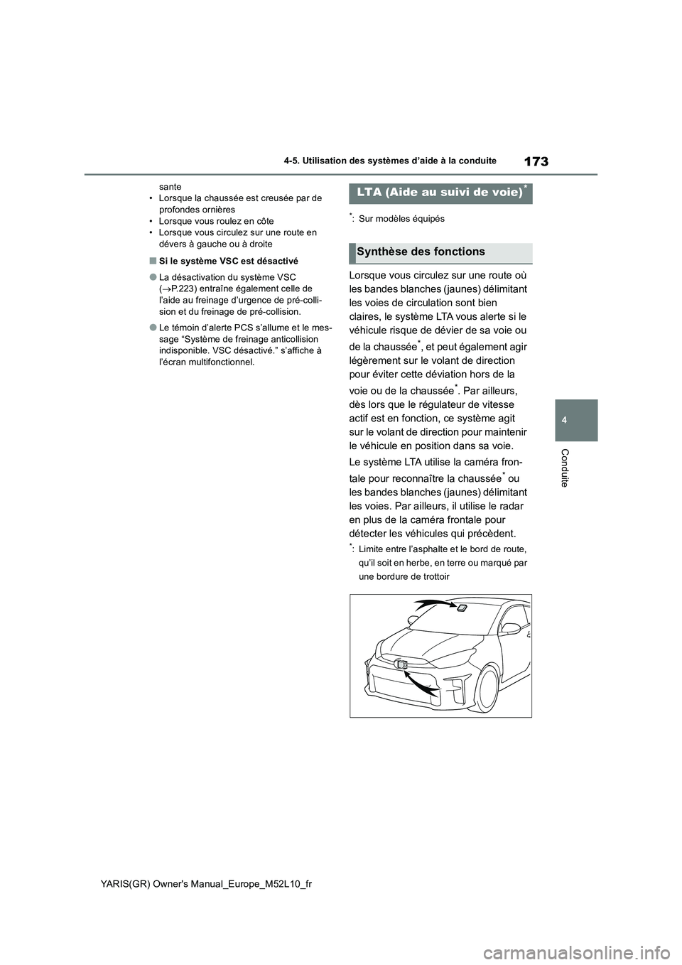TOYOTA GR YARIS 2020  Notices Demploi (in French) 173
4
YARIS(GR) Owners Manual_Europe_M52L10_fr
4-5. Utilisation des systèmes d’aide à la conduite
Conduite
sante • Lorsque la chaussée est creusée par de profondes ornières 
• Lorsque vous