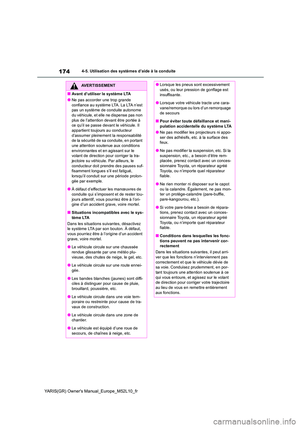 TOYOTA GR YARIS 2020  Notices Demploi (in French) 174
YARIS(GR) Owners Manual_Europe_M52L10_fr
4-5. Utilisation des systèmes d’aide à la conduite
AVERTISSEMENT
■Avant d’utiliser le système LTA
●Ne pas accorder une trop grande  
confiance 