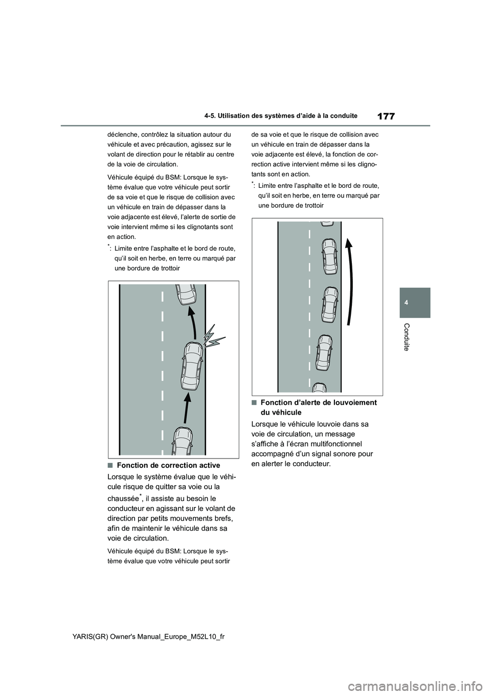 TOYOTA GR YARIS 2020  Notices Demploi (in French) 177
4
YARIS(GR) Owners Manual_Europe_M52L10_fr
4-5. Utilisation des systèmes d’aide à la conduite
Conduite
déclenche, contrôlez la situation autour du  
véhicule et avec précaution, agissez s