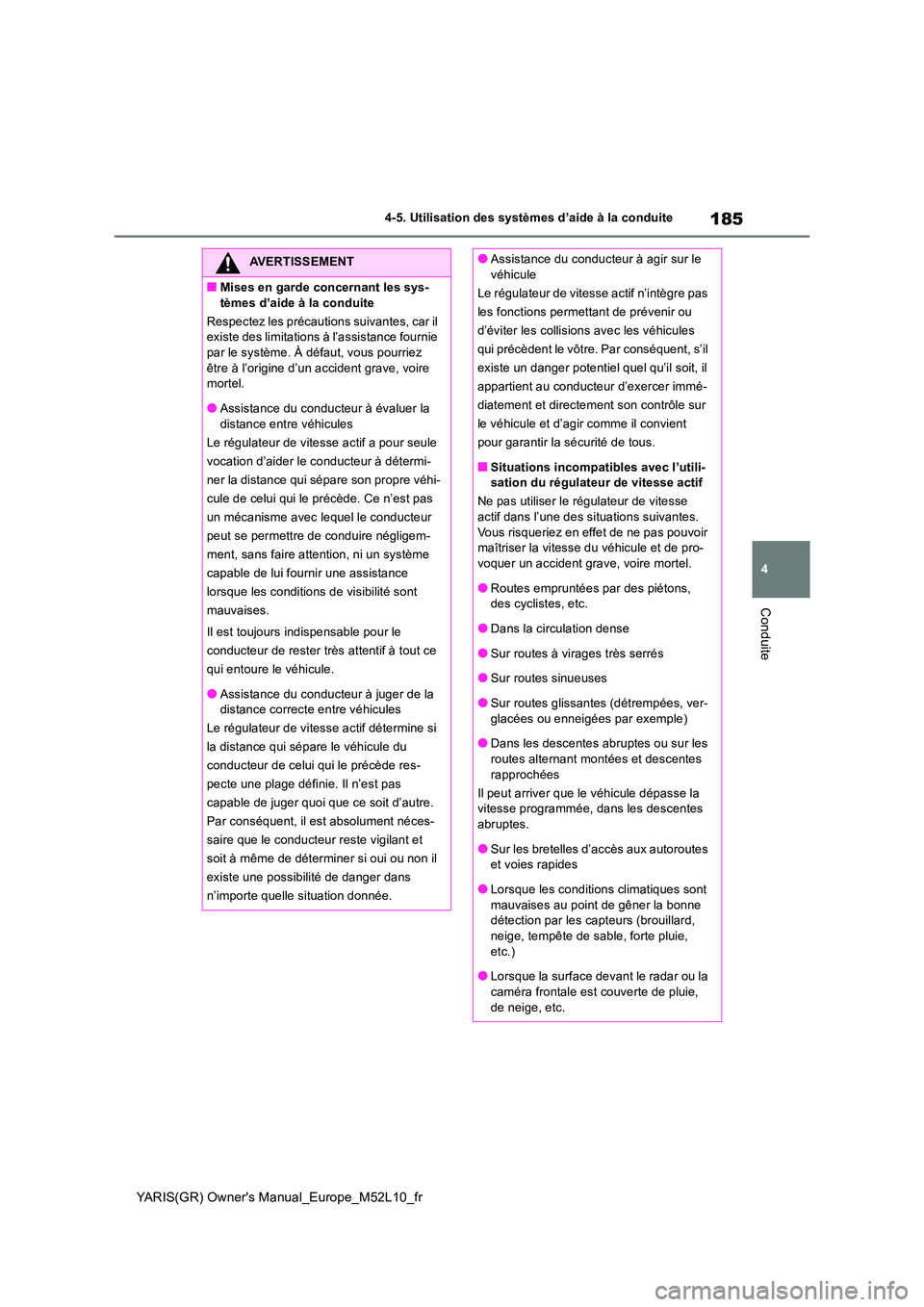 TOYOTA GR YARIS 2020  Notices Demploi (in French) 185
4
YARIS(GR) Owners Manual_Europe_M52L10_fr
4-5. Utilisation des systèmes d’aide à la conduite
Conduite
AVERTISSEMENT
■Mises en garde concernant les sys- 
tèmes d’aide à la conduite 
Res