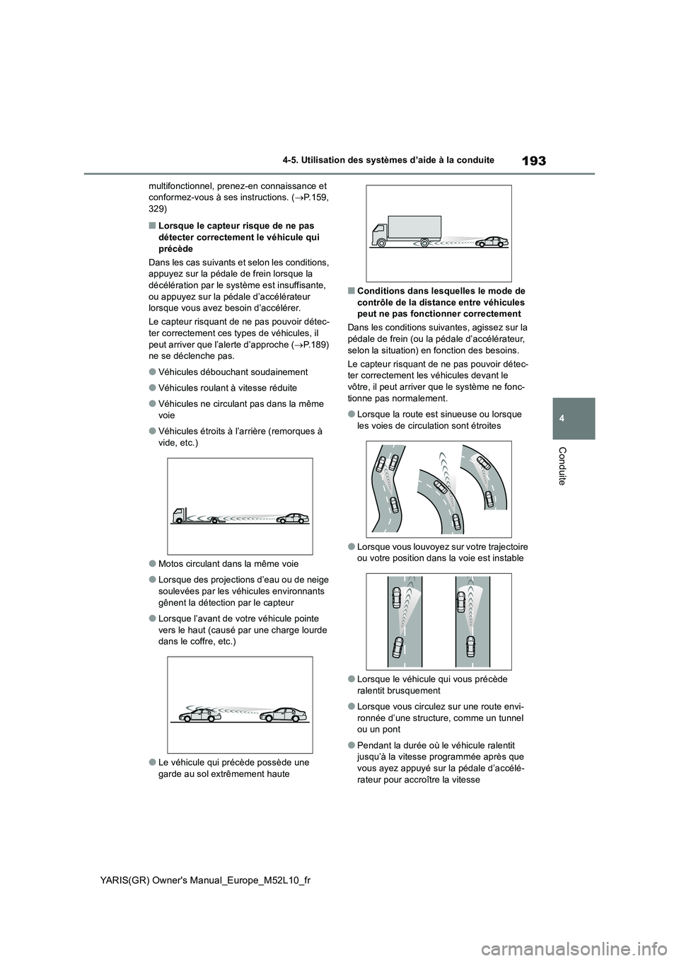 TOYOTA GR YARIS 2020  Notices Demploi (in French) 193
4
YARIS(GR) Owners Manual_Europe_M52L10_fr
4-5. Utilisation des systèmes d’aide à la conduite
Conduite
multifonctionnel, prenez-en connaissance et  conformez-vous à ses instructions. ( →P.