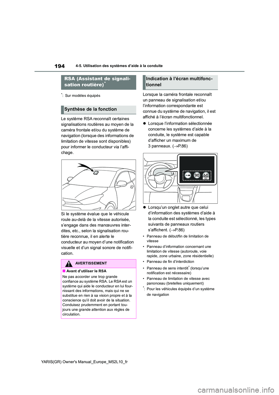 TOYOTA GR YARIS 2020  Notices Demploi (in French) 194
YARIS(GR) Owners Manual_Europe_M52L10_fr
4-5. Utilisation des systèmes d’aide à la conduite
*: Sur modèles équipés
Le système RSA reconnaît certaines  
signalisations routières au moyen