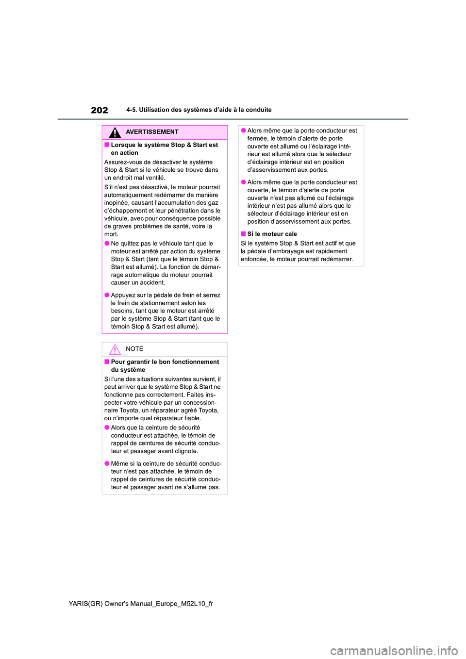 TOYOTA GR YARIS 2020  Notices Demploi (in French) 202
YARIS(GR) Owners Manual_Europe_M52L10_fr
4-5. Utilisation des systèmes d’aide à la conduite
AVERTISSEMENT
■Lorsque le système Stop & Start est  
en action 
Assurez-vous de désactiver le s