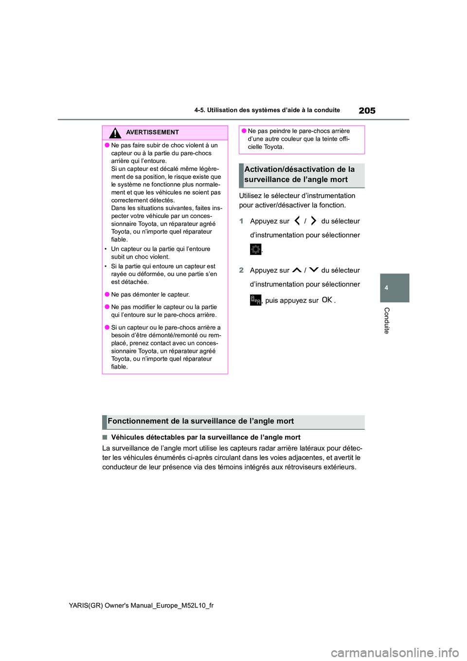 TOYOTA GR YARIS 2020  Notices Demploi (in French) 205
4
YARIS(GR) Owners Manual_Europe_M52L10_fr
4-5. Utilisation des systèmes d’aide à la conduite
Conduite
Utilisez le sélecteur d’instrumentation  
pour activer/désactiver la fonction. 
1 Ap