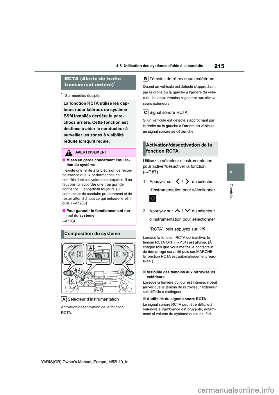 TOYOTA GR YARIS 2020  Notices Demploi (in French) 215
4
YARIS(GR) Owners Manual_Europe_M52L10_fr
4-5. Utilisation des systèmes d’aide à la conduite
Conduite
*: Sur modèles équipés
Sélecteur d’instrumentation
Activation/désactivation de la