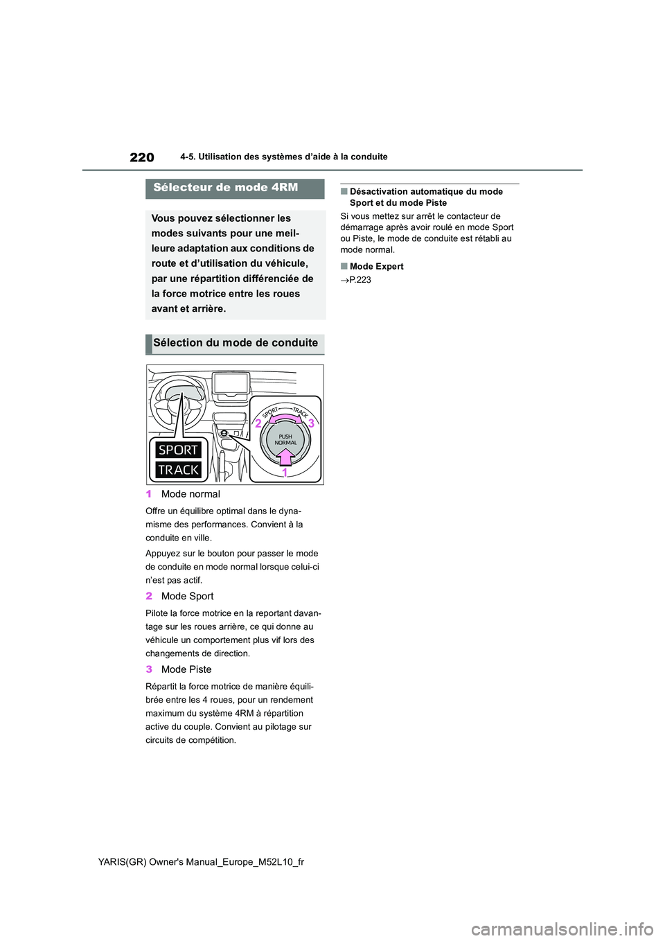 TOYOTA GR YARIS 2020  Notices Demploi (in French) 220
YARIS(GR) Owners Manual_Europe_M52L10_fr
4-5. Utilisation des systèmes d’aide à la conduite
1Mode normal
Offre un équilibre optimal dans le dyna- 
misme des performances. Convient à la 
con