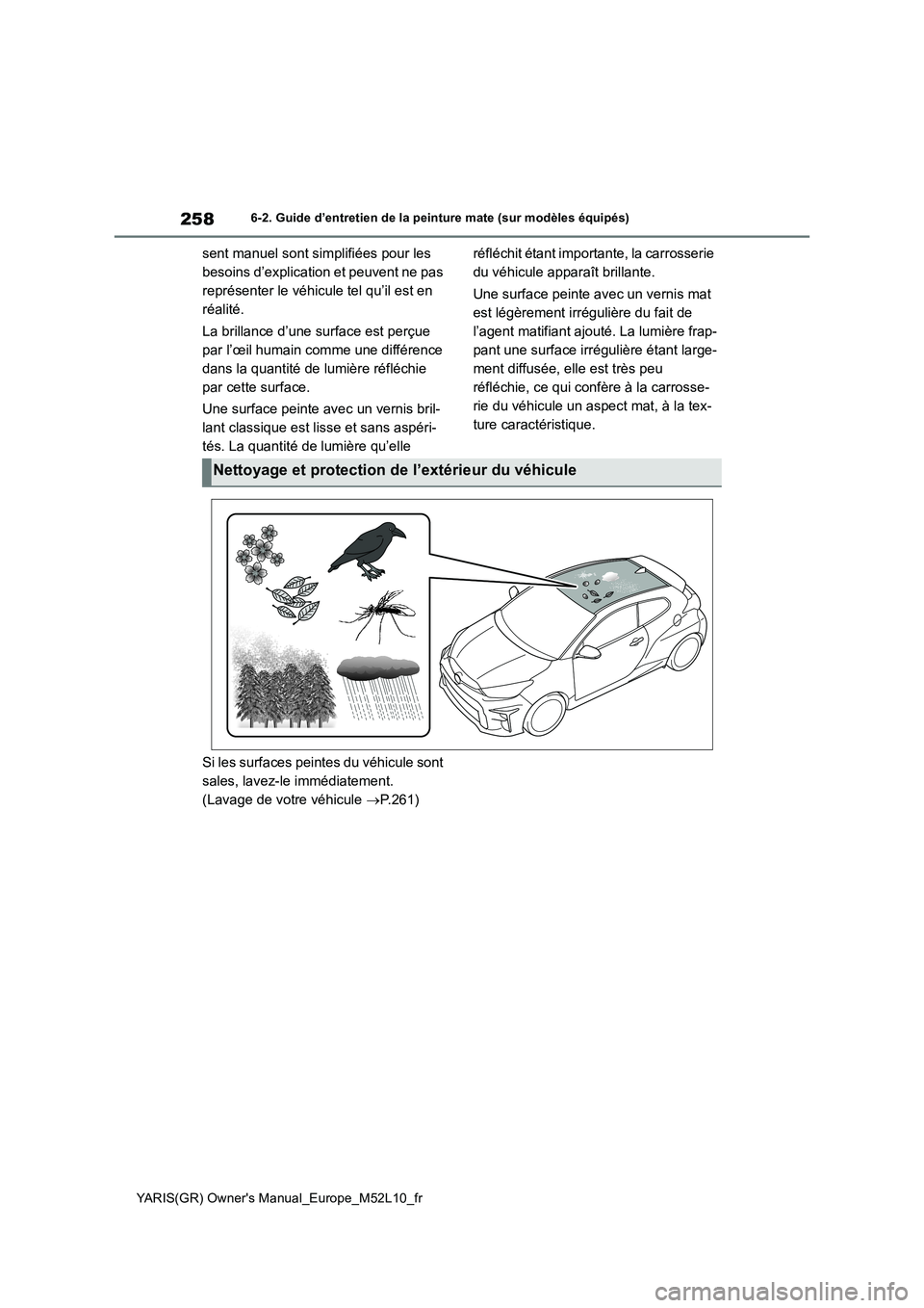 TOYOTA GR YARIS 2020  Notices Demploi (in French) 258
YARIS(GR) Owners Manual_Europe_M52L10_fr
6-2. Guide d’entretien de la peinture mate (sur modèles équipés)
sent manuel sont simplifiées pour les  
besoins d’explication et peuvent ne pas 
