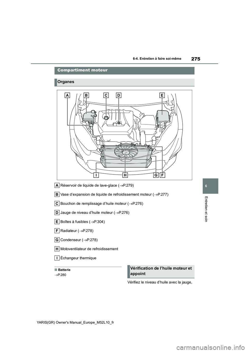 TOYOTA GR YARIS 2020  Notices Demploi (in French) 275
6
YARIS(GR) Owners Manual_Europe_M52L10_fr
6-4. Entretien à faire soi-même
Entretien et soin
Réservoir de liquide de lave-glace (→P.279) 
Vase d’expansion de liquide de refroidissement mot