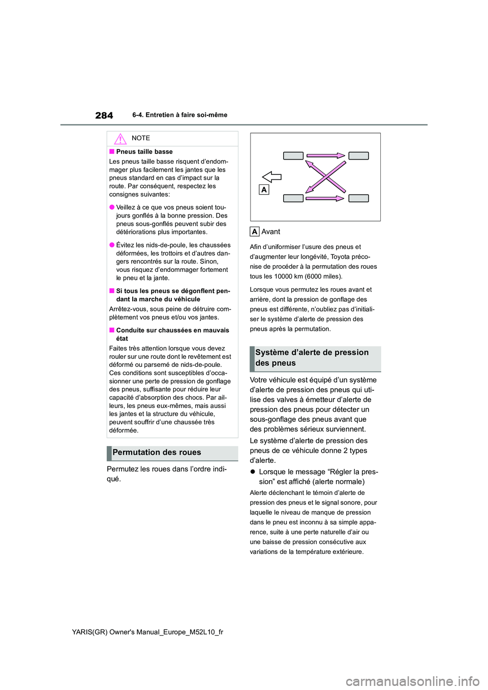 TOYOTA GR YARIS 2020  Notices Demploi (in French) 284
YARIS(GR) Owners Manual_Europe_M52L10_fr
6-4. Entretien à faire soi-même
Permutez les roues dans l’ordre indi- 
qué. 
Avant
Afin d’uniformiser l’usure des pneus et  
d’augmenter leur l