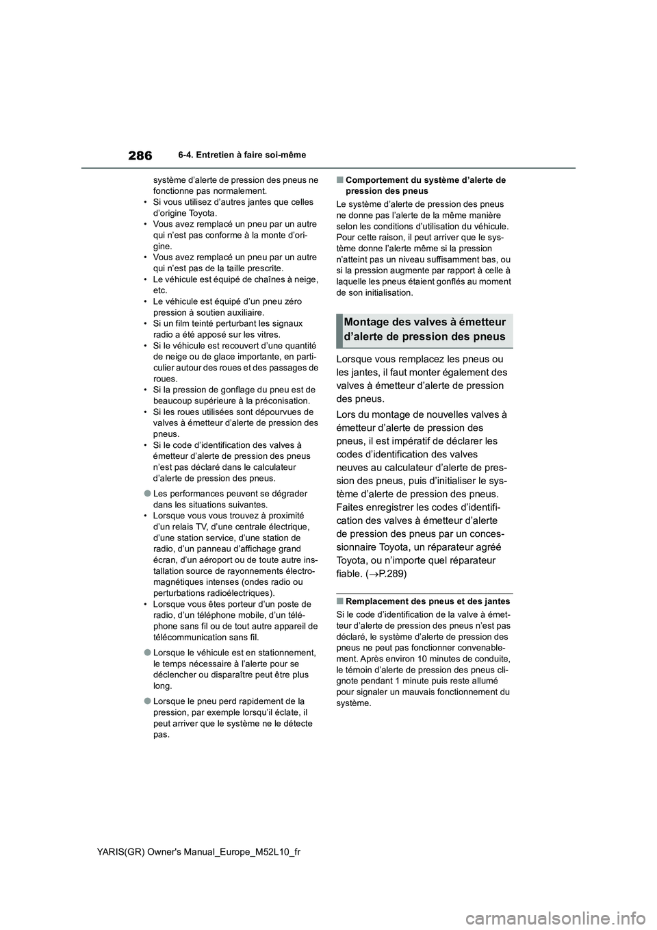 TOYOTA GR YARIS 2020  Notices Demploi (in French) 286
YARIS(GR) Owners Manual_Europe_M52L10_fr
6-4. Entretien à faire soi-même 
système d’alerte de pression des pneus ne  fonctionne pas normalement.• Si vous utilisez d’autres jantes que cel